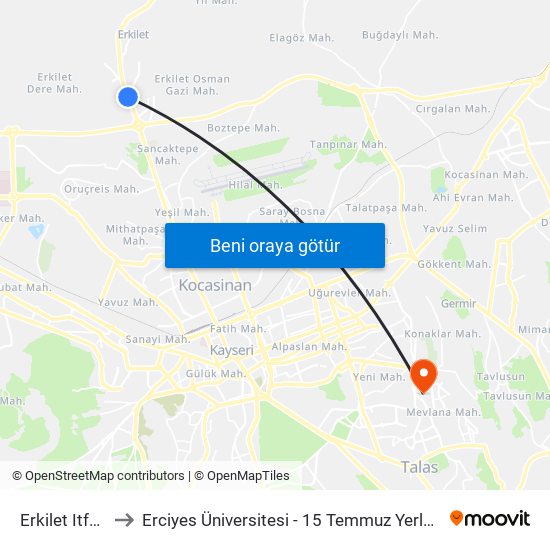 Erkilet Itfaye to Erciyes Üniversitesi - 15 Temmuz Yerleşkesi map