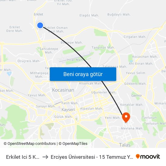 Erkilet Ici 5 Katli 2 to Erciyes Üniversitesi - 15 Temmuz Yerleşkesi map