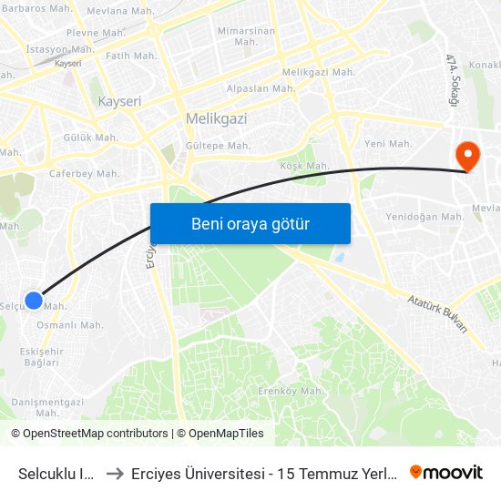 Selcuklu Ici 7 to Erciyes Üniversitesi - 15 Temmuz Yerleşkesi map