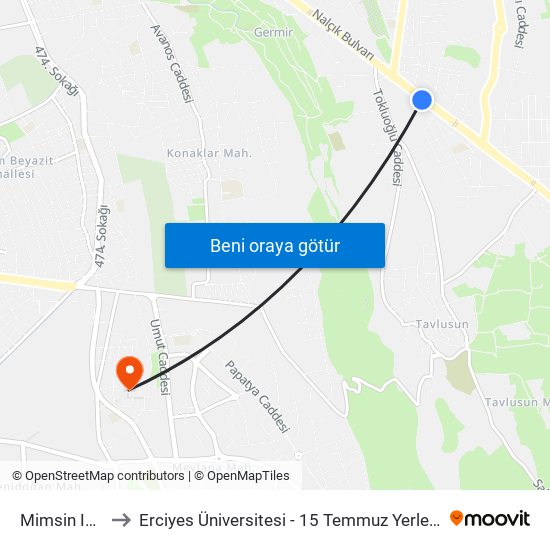 Mimsin Ici 8 to Erciyes Üniversitesi - 15 Temmuz Yerleşkesi map