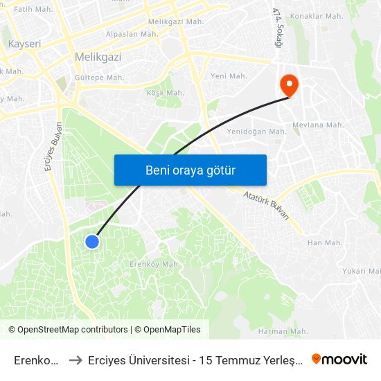 Erenkoy 3 to Erciyes Üniversitesi - 15 Temmuz Yerleşkesi map