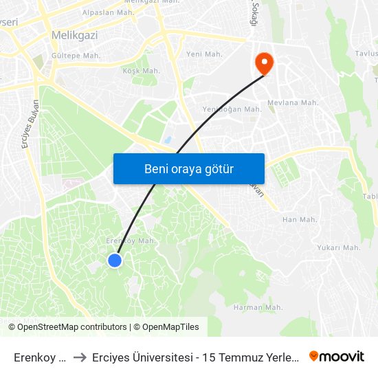 Erenkoy 11 to Erciyes Üniversitesi - 15 Temmuz Yerleşkesi map