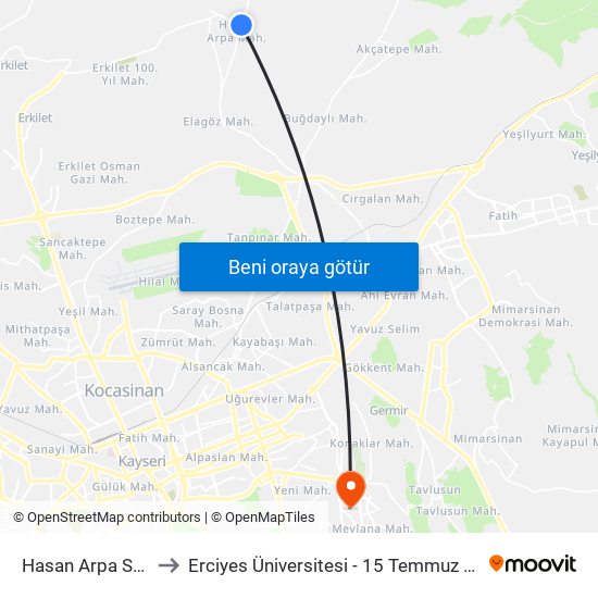 Hasan Arpa Sapagi to Erciyes Üniversitesi - 15 Temmuz Yerleşkesi map