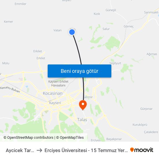 Aycicek Tarlasi to Erciyes Üniversitesi - 15 Temmuz Yerleşkesi map