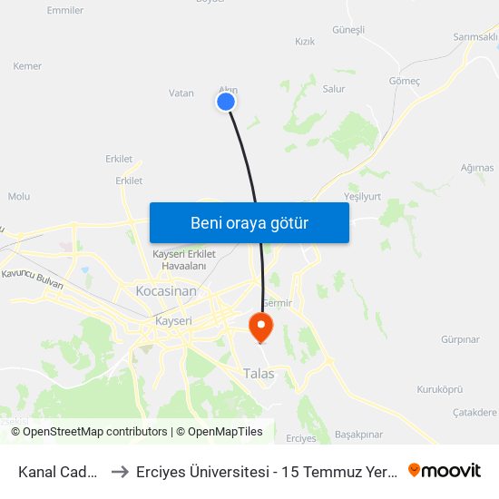 Kanal Caddesi to Erciyes Üniversitesi - 15 Temmuz Yerleşkesi map