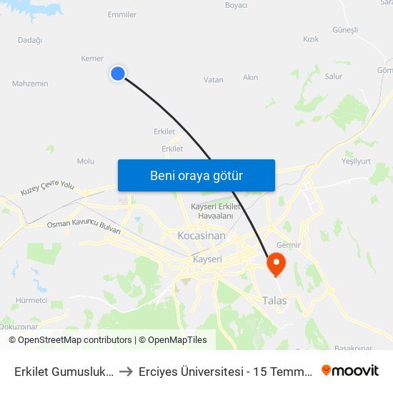 Erkilet Gumusluk Baglari to Erciyes Üniversitesi - 15 Temmuz Yerleşkesi map