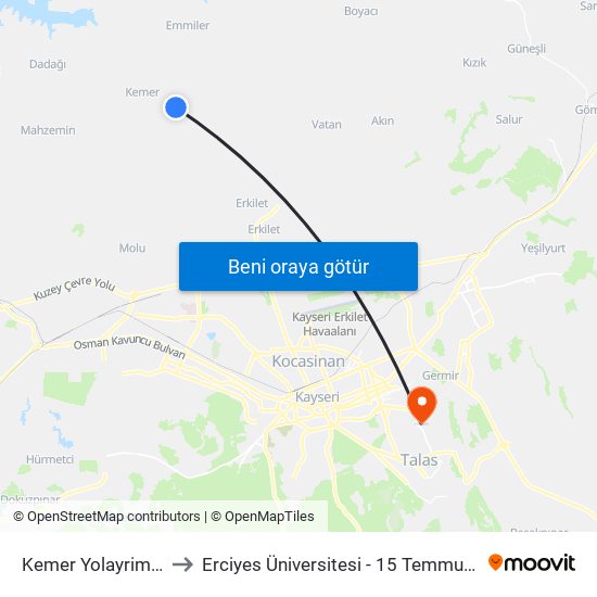 Kemer Yolayrimi Cikisi to Erciyes Üniversitesi - 15 Temmuz Yerleşkesi map