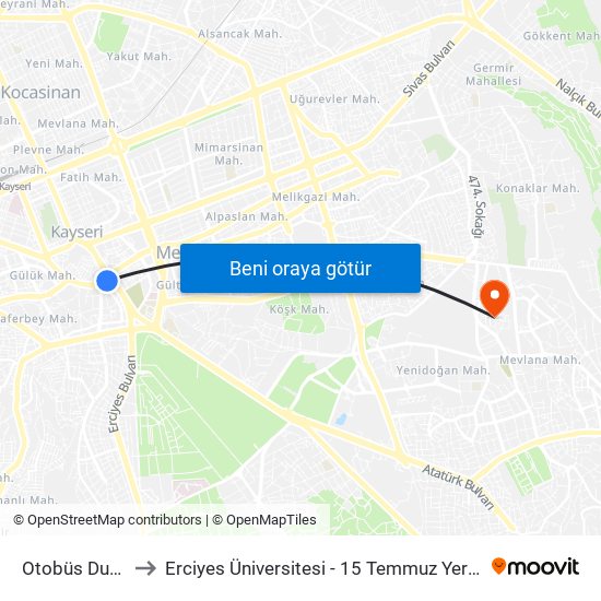 Otobüs Durağı to Erciyes Üniversitesi - 15 Temmuz Yerleşkesi map