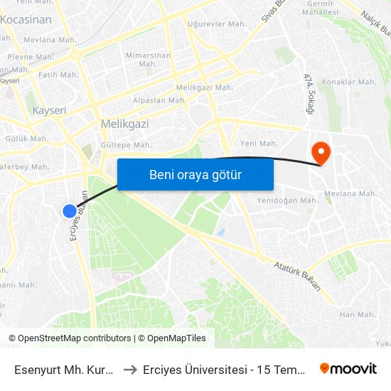 Esenyurt Mh. Kurs Merkezi to Erciyes Üniversitesi - 15 Temmuz Yerleşkesi map