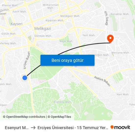 Esenyurt Mh. 7 to Erciyes Üniversitesi - 15 Temmuz Yerleşkesi map