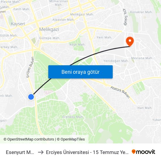 Esenyurt Mh 10 to Erciyes Üniversitesi - 15 Temmuz Yerleşkesi map