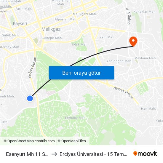 Esenyurt Mh 11 Son Durak to Erciyes Üniversitesi - 15 Temmuz Yerleşkesi map