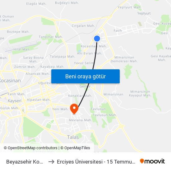 Beyazsehir Koop Ici 1 to Erciyes Üniversitesi - 15 Temmuz Yerleşkesi map