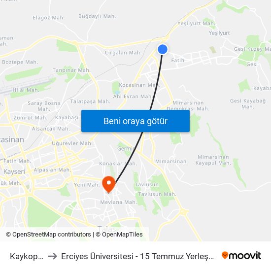 Kaykop 1 to Erciyes Üniversitesi - 15 Temmuz Yerleşkesi map