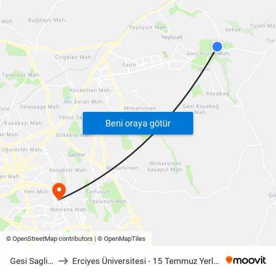 Gesi Saglik 1 to Erciyes Üniversitesi - 15 Temmuz Yerleşkesi map