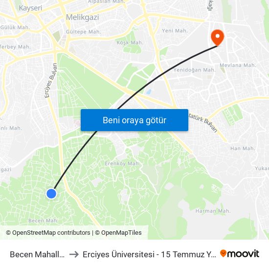 Becen Mahallesi 2 to Erciyes Üniversitesi - 15 Temmuz Yerleşkesi map