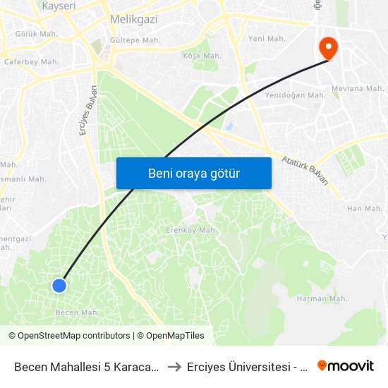 Becen Mahallesi 5 Karacaoglan Baglari Guzellestirm to Erciyes Üniversitesi - 15 Temmuz Yerleşkesi map