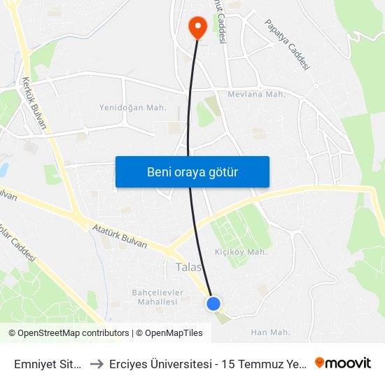 Emniyet Siteleri to Erciyes Üniversitesi - 15 Temmuz Yerleşkesi map