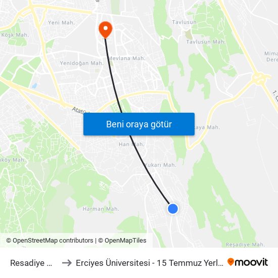 Resadiye Giris to Erciyes Üniversitesi - 15 Temmuz Yerleşkesi map