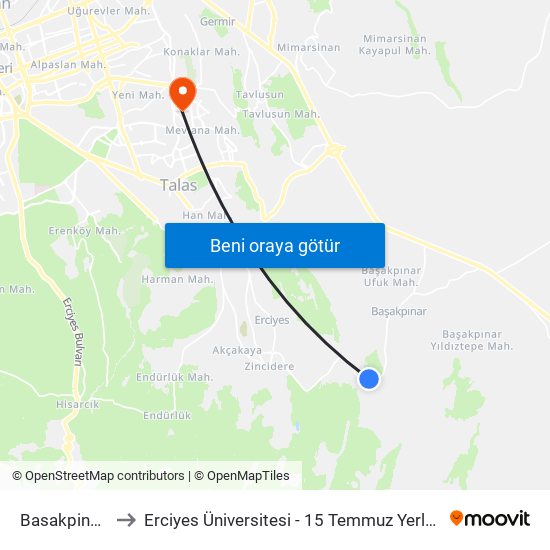 Basakpinar 1 to Erciyes Üniversitesi - 15 Temmuz Yerleşkesi map