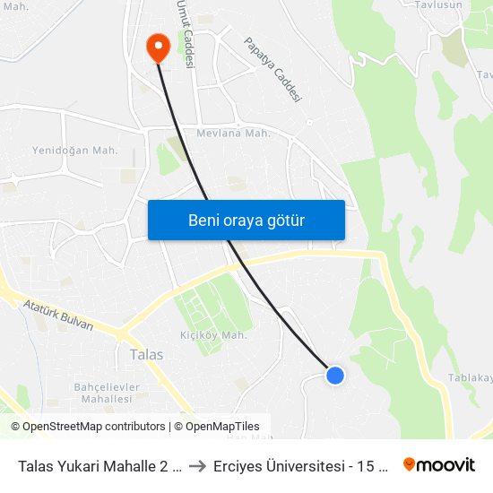 Talas Yukari Mahalle 2 Doganay Villalari to Erciyes Üniversitesi - 15 Temmuz Yerleşkesi map