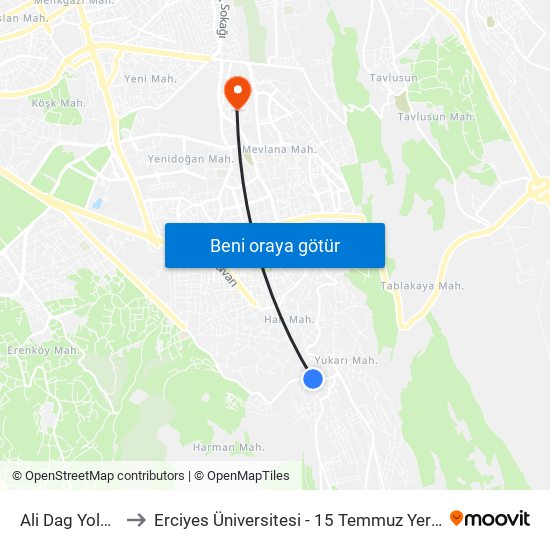 Ali Dag Yolu 10 to Erciyes Üniversitesi - 15 Temmuz Yerleşkesi map