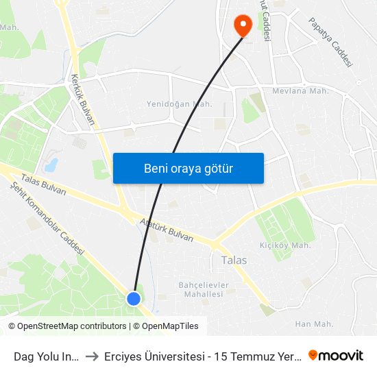 Dag Yolu Inis 3 to Erciyes Üniversitesi - 15 Temmuz Yerleşkesi map