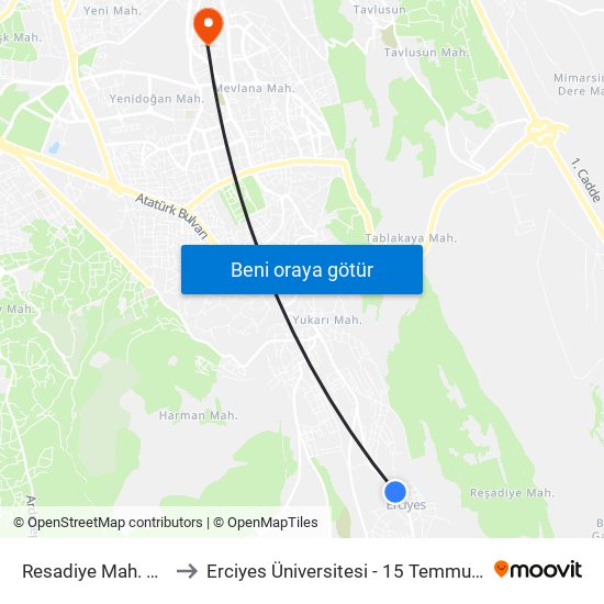 Resadiye Mah. Meydan to Erciyes Üniversitesi - 15 Temmuz Yerleşkesi map