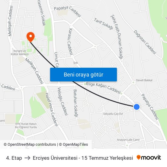 4. Etap to Erciyes Üniversitesi - 15 Temmuz Yerleşkesi map