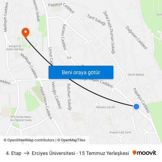 4. Etap to Erciyes Üniversitesi - 15 Temmuz Yerleşkesi map