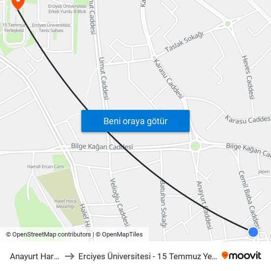 Anayurt Hareket to Erciyes Üniversitesi - 15 Temmuz Yerleşkesi map