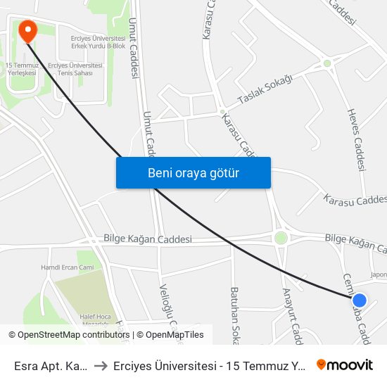 Esra Apt. Karsisi to Erciyes Üniversitesi - 15 Temmuz Yerleşkesi map