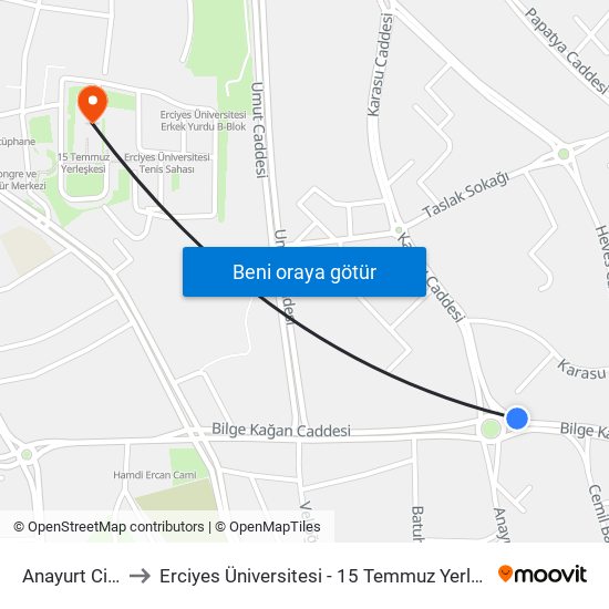 Anayurt Cikis to Erciyes Üniversitesi - 15 Temmuz Yerleşkesi map