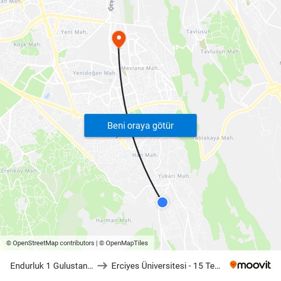 Endurluk 1 Gulustan Evleri Cikisi to Erciyes Üniversitesi - 15 Temmuz Yerleşkesi map