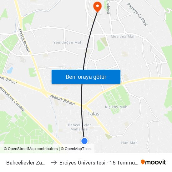 Bahcelievler Zade Cami to Erciyes Üniversitesi - 15 Temmuz Yerleşkesi map