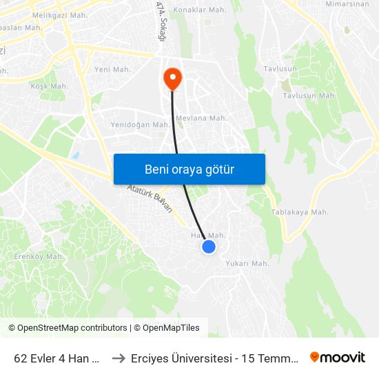 62 Evler 4 Han Meydani to Erciyes Üniversitesi - 15 Temmuz Yerleşkesi map