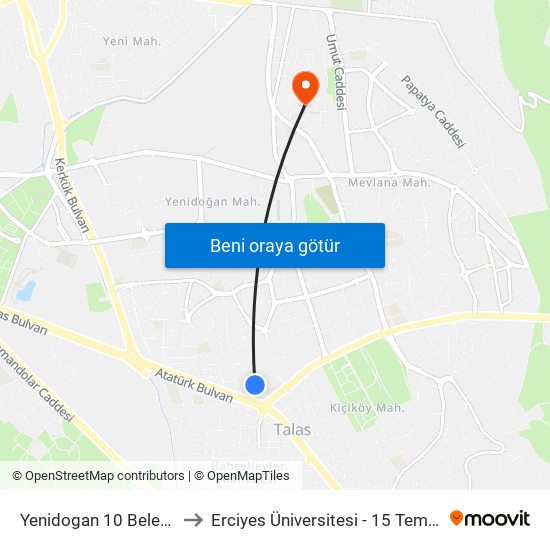 Yenidogan 10 Belediye Duragi to Erciyes Üniversitesi - 15 Temmuz Yerleşkesi map