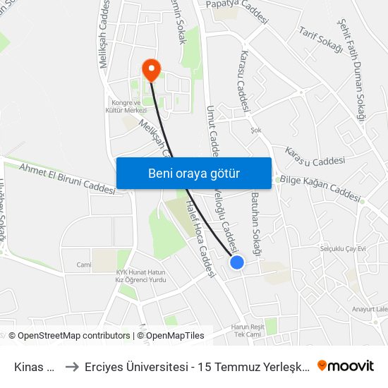 Kinas A1 to Erciyes Üniversitesi - 15 Temmuz Yerleşkesi map