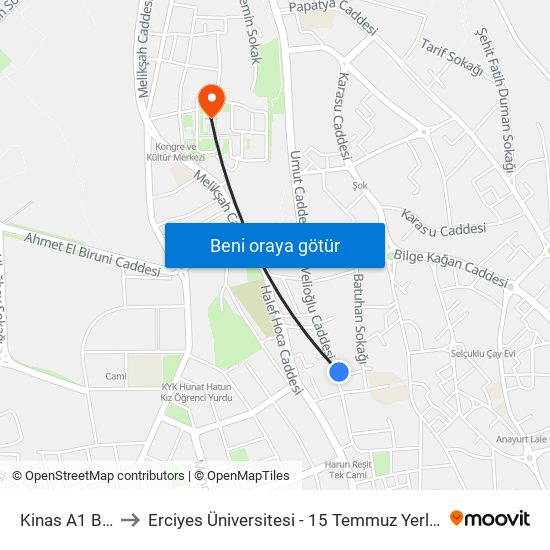 Kinas A1 Blok to Erciyes Üniversitesi - 15 Temmuz Yerleşkesi map