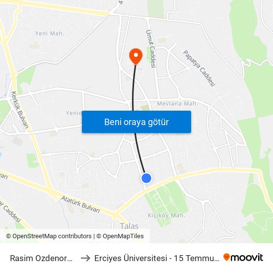 Rasim Ozdenoren Parki to Erciyes Üniversitesi - 15 Temmuz Yerleşkesi map