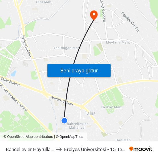 Bahcelievler Hayrullah Polat Parki to Erciyes Üniversitesi - 15 Temmuz Yerleşkesi map