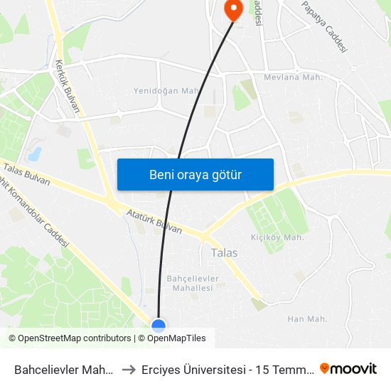 Bahcelievler Mahur Konak to Erciyes Üniversitesi - 15 Temmuz Yerleşkesi map