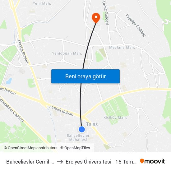 Bahcelievler Cemil Baba Parki to Erciyes Üniversitesi - 15 Temmuz Yerleşkesi map