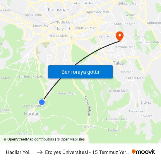 Hacilar Yolu 20 to Erciyes Üniversitesi - 15 Temmuz Yerleşkesi map