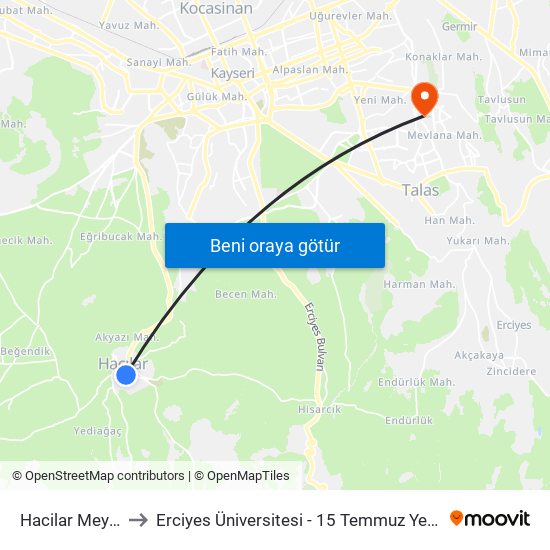 Hacilar Meydan to Erciyes Üniversitesi - 15 Temmuz Yerleşkesi map