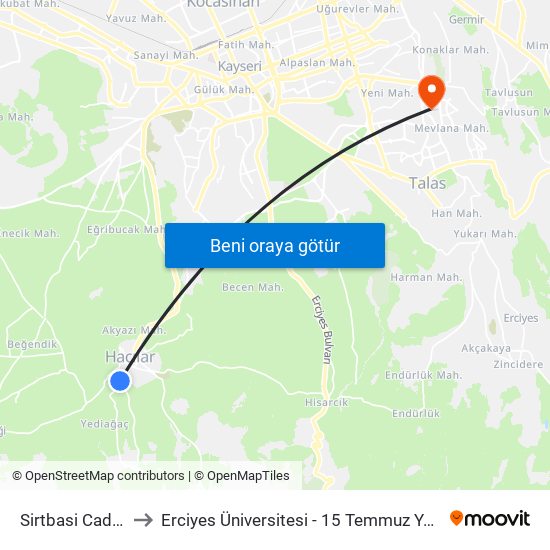 Sirtbasi Caddesi to Erciyes Üniversitesi - 15 Temmuz Yerleşkesi map