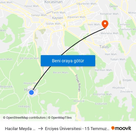 Hacilar Meyda Duragi to Erciyes Üniversitesi - 15 Temmuz Yerleşkesi map