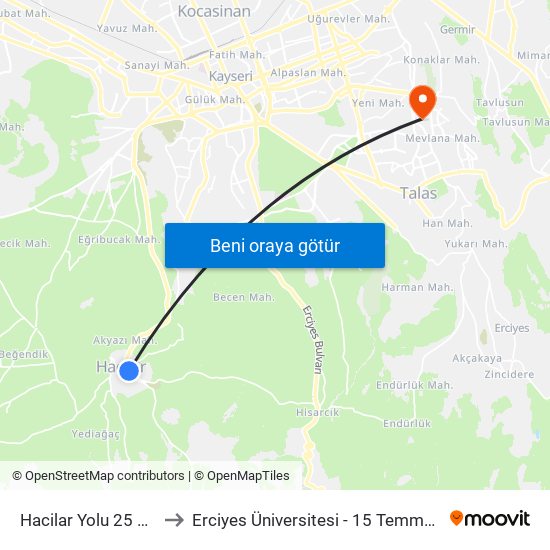 Hacilar Yolu 25 Balediye to Erciyes Üniversitesi - 15 Temmuz Yerleşkesi map