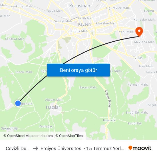 Cevizli Durak to Erciyes Üniversitesi - 15 Temmuz Yerleşkesi map