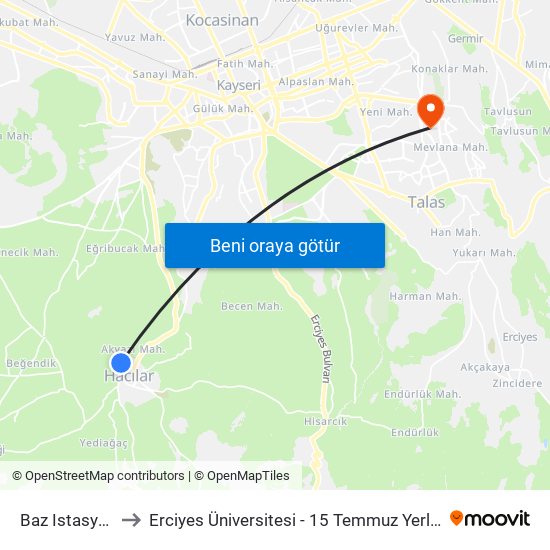 Baz Istasyonu to Erciyes Üniversitesi - 15 Temmuz Yerleşkesi map